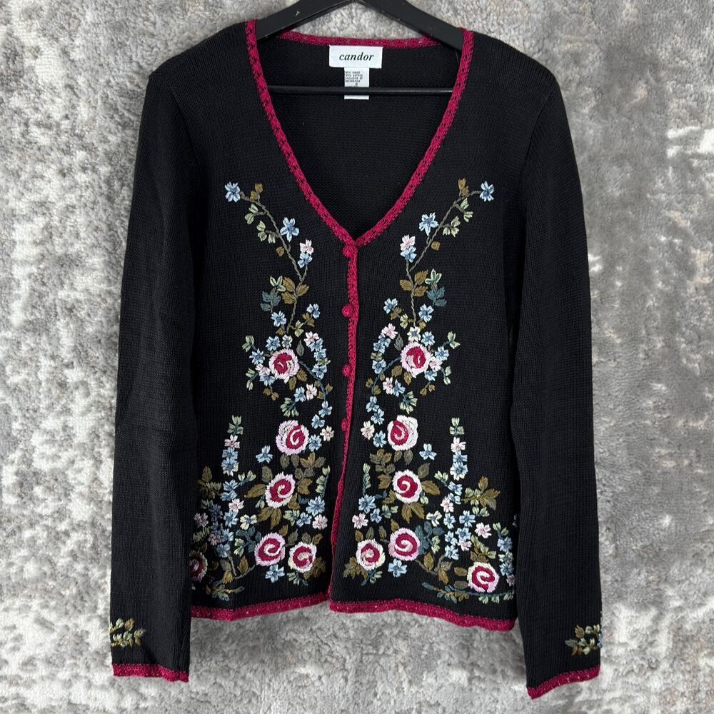 Cando Size S Floral Embroidery V Neck‎ Button Cardigan Sweater Black Long Sleeve